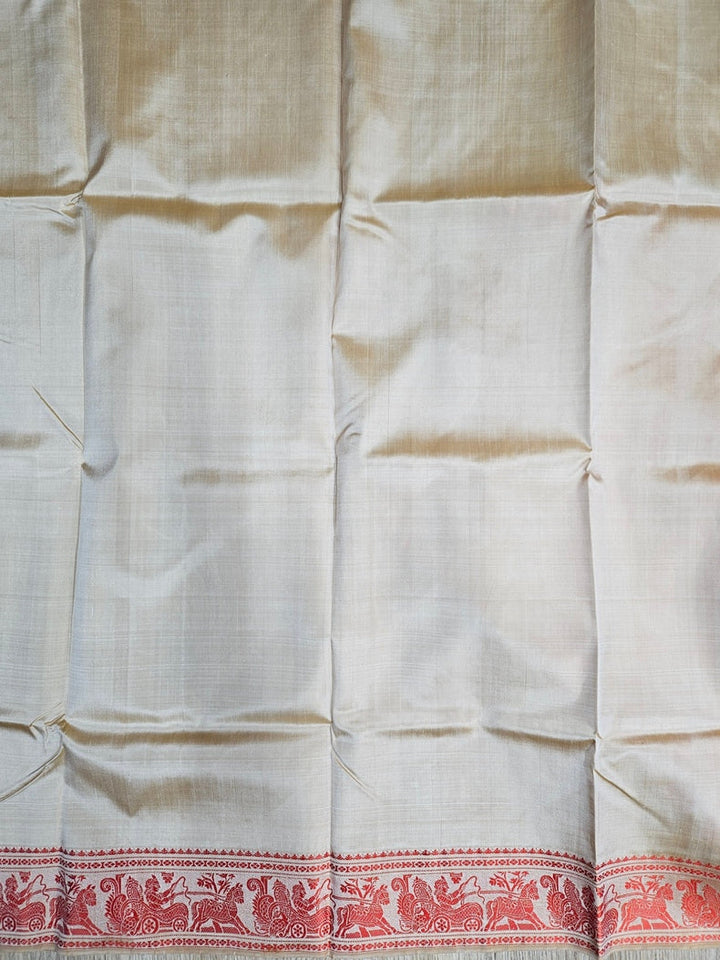Beige & Orange Handloom Pure Katan Silk Baluchuri Saree Balaram Saha