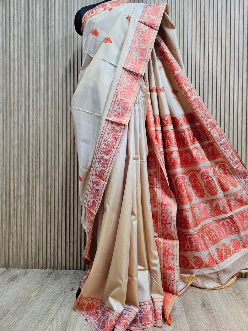 Beige & Orange Handloom Pure Katan Silk Baluchuri Saree Balaram Saha