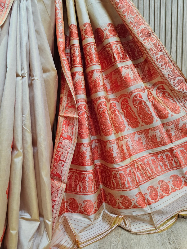 Beige & Orange Handloom Pure Katan Silk Baluchuri Saree Balaram Saha