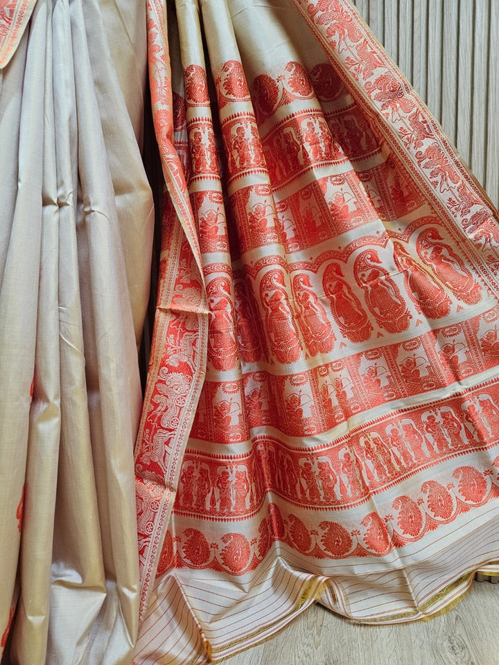 Beige & Orange Handloom Pure Katan Silk Baluchuri Saree Balaram Saha