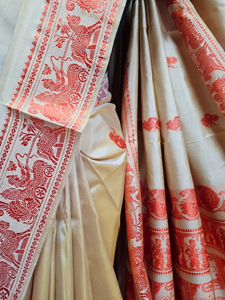 Beige & Orange Handloom Pure Katan Silk Baluchuri Saree Balaram Saha