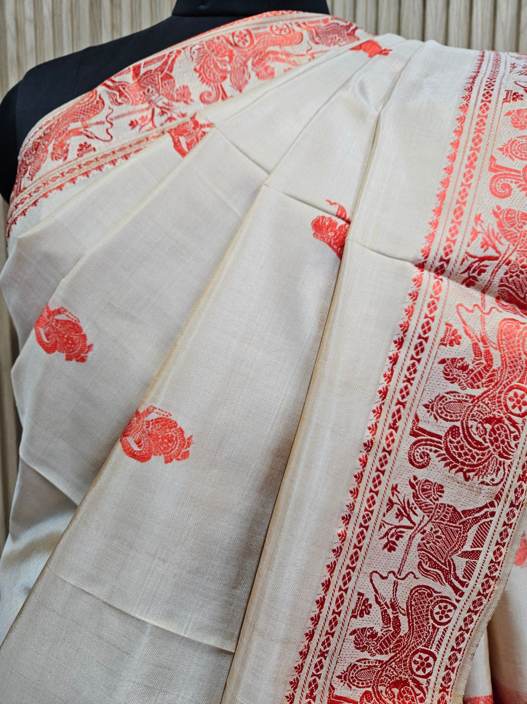 Beige & Orange Handloom Pure Katan Silk Baluchuri Saree Balaram Saha