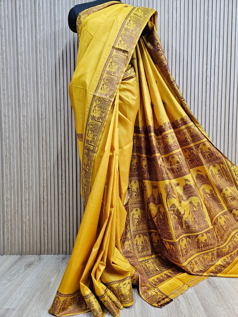 Mustard & maroon Handloom Pure Katan Silk Baluchuri Saree Balaram Saha