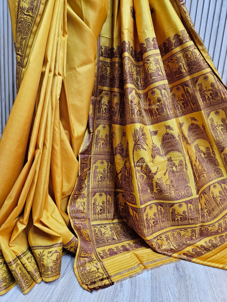 Mustard & maroon Handloom Pure Katan Silk Baluchuri Saree Balaram Saha