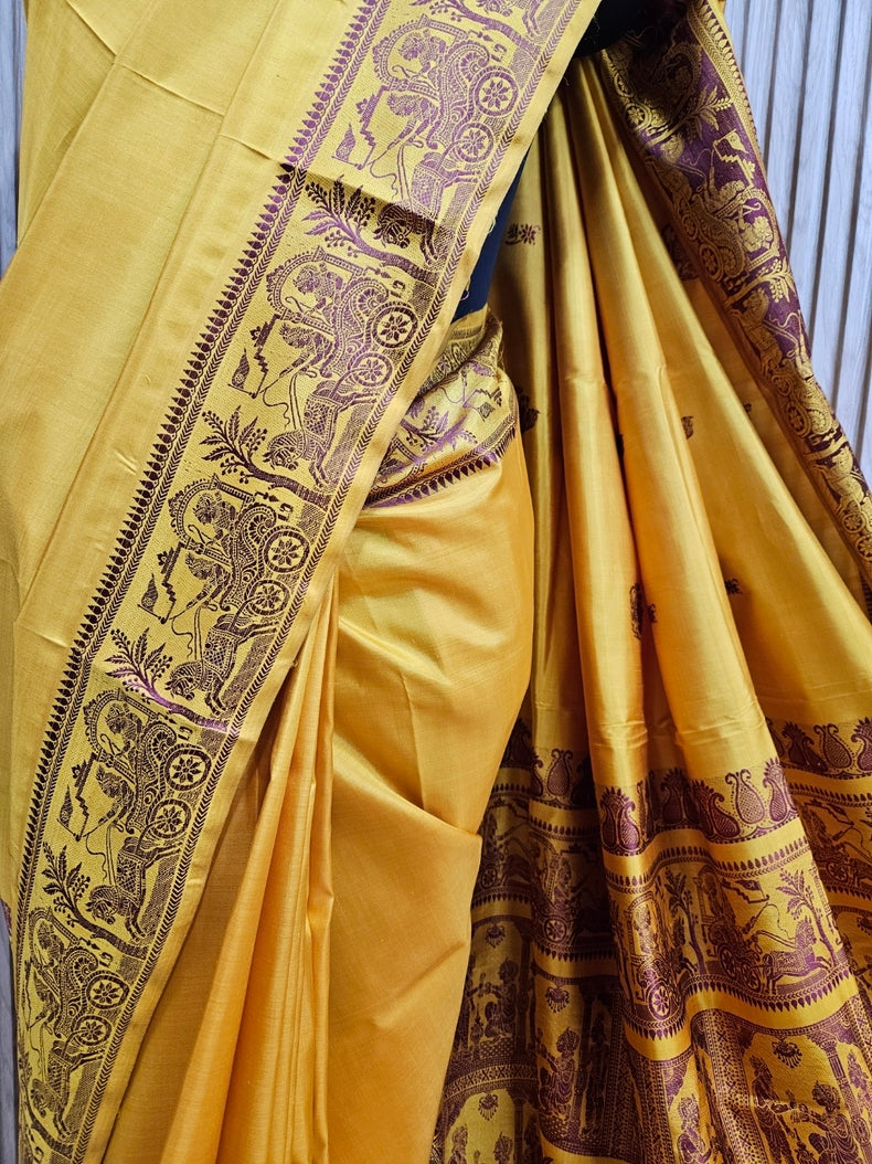 Mustard & maroon Handloom Pure Katan Silk Baluchuri Saree Balaram Saha