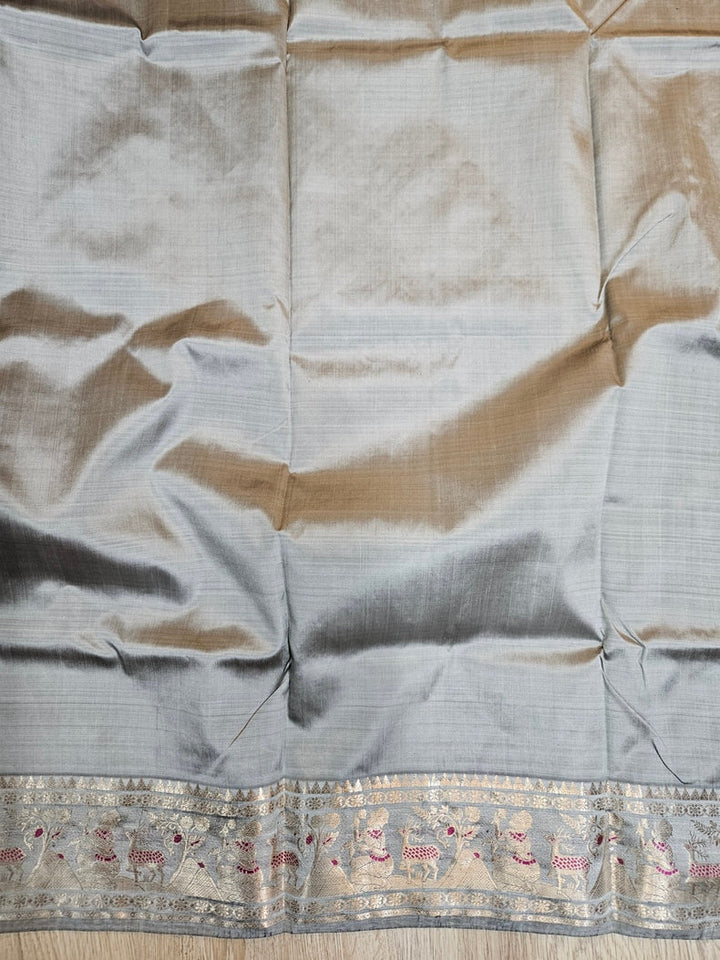 Grey & Silver Zari Handloom Pure Katan Silk Baluchuri Saree Balaram Saha