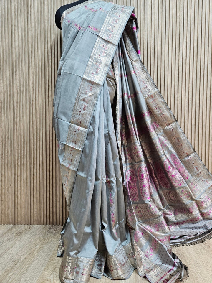 Grey & Silver Zari Handloom Pure Katan Silk Baluchuri Saree Balaram Saha