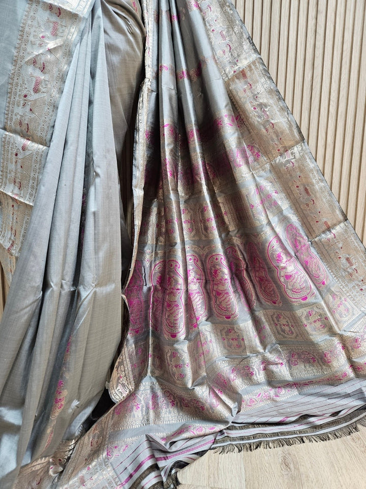 Grey & Silver Zari Handloom Pure Katan Silk Baluchuri Saree Balaram Saha