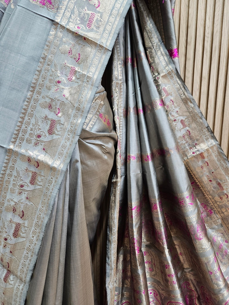 Grey & Silver Zari Handloom Pure Katan Silk Baluchuri Saree Balaram Saha