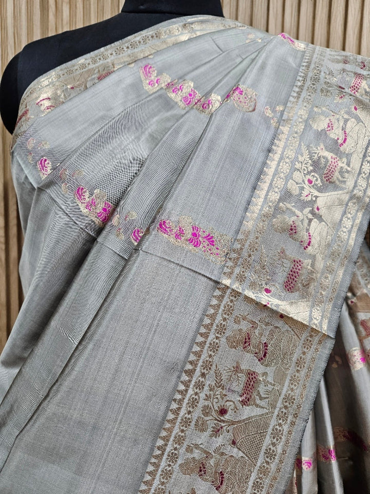 Grey & Silver Zari Handloom Pure Katan Silk Baluchuri Saree Balaram Saha