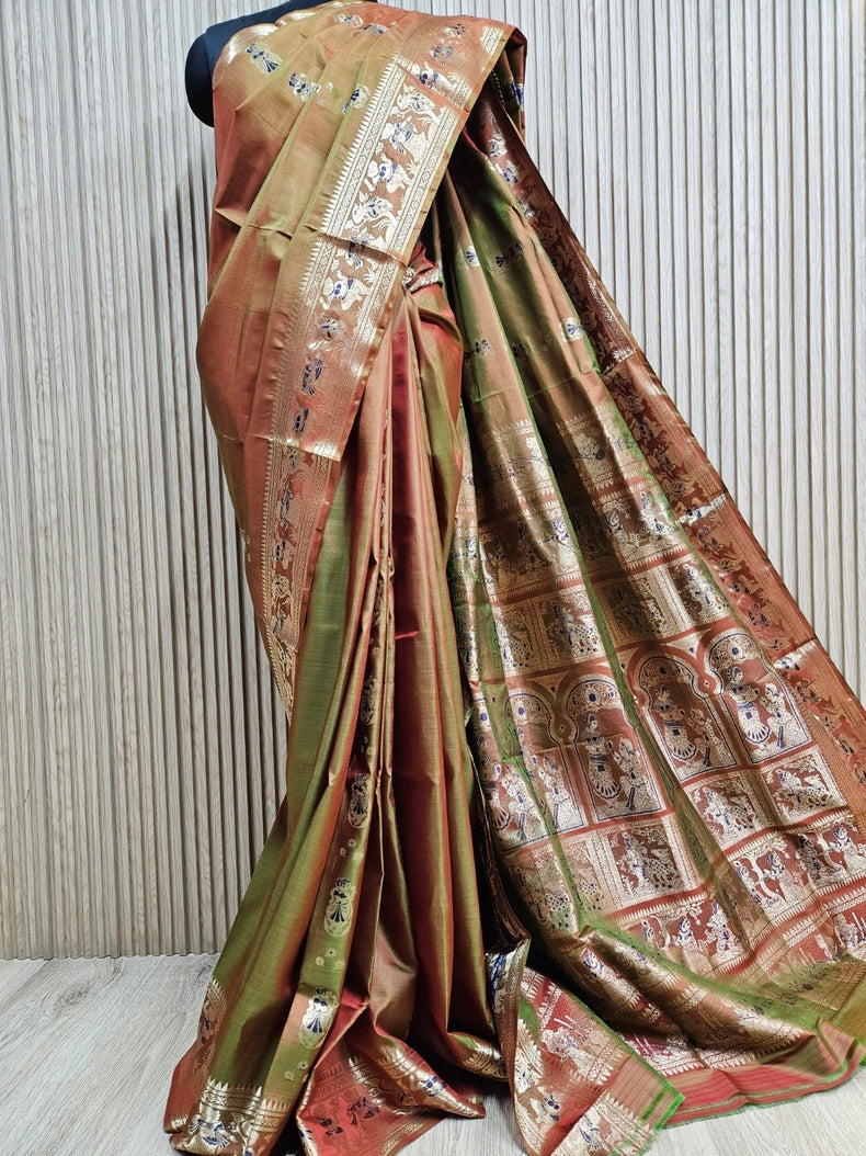 Rust & Gold Zari Handloom Pure Katan Silk Baluchuri Saree Balaram Saha