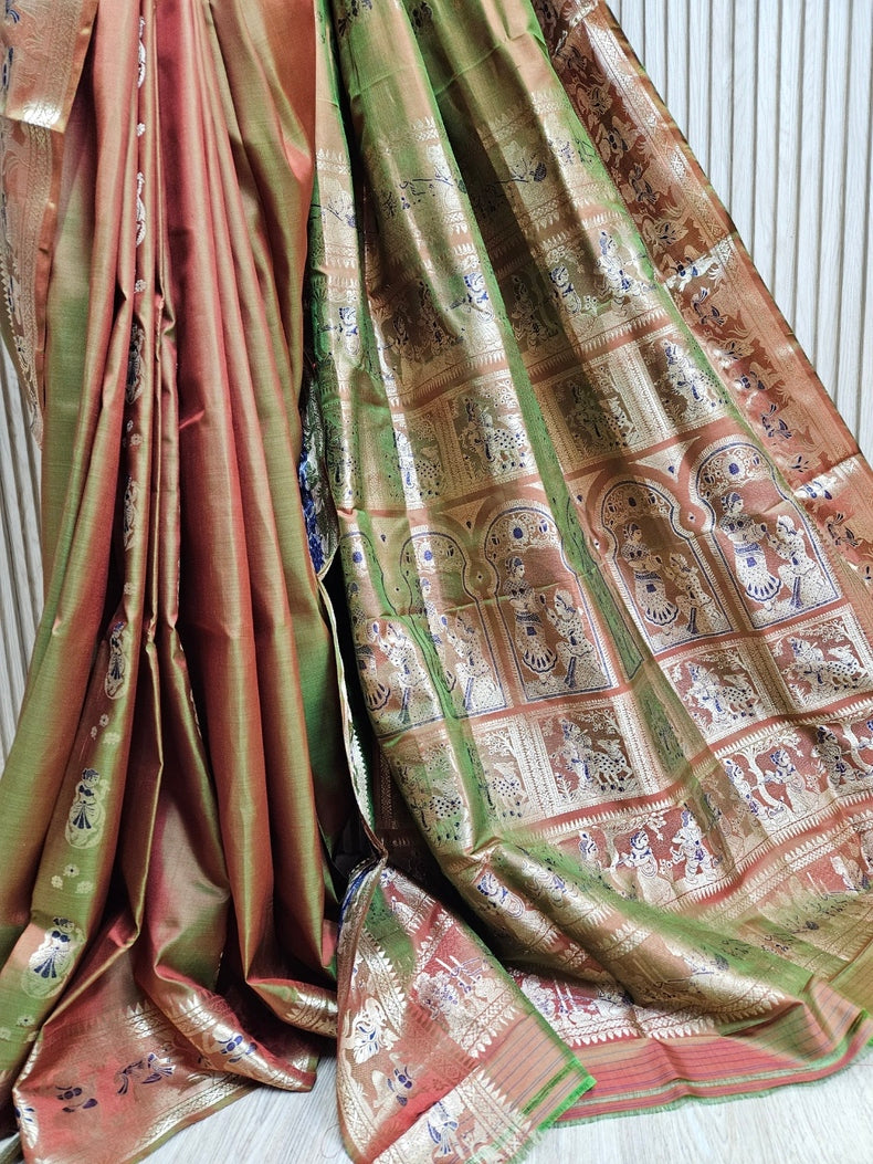 Rust & Gold Zari Handloom Pure Katan Silk Baluchuri Saree Balaram Saha