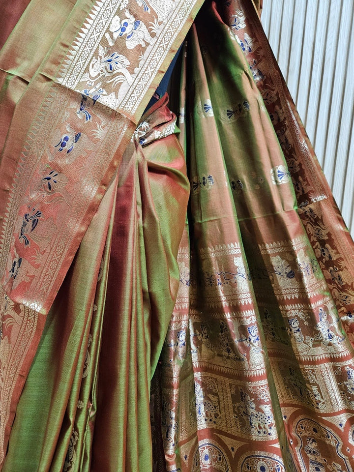 Rust & Gold Zari Handloom Pure Katan Silk Baluchuri Saree Balaram Saha
