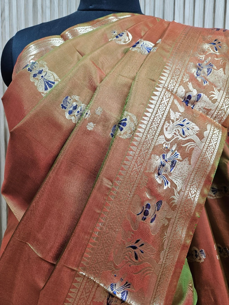 Rust & Gold Zari Handloom Pure Katan Silk Baluchuri Saree Balaram Saha