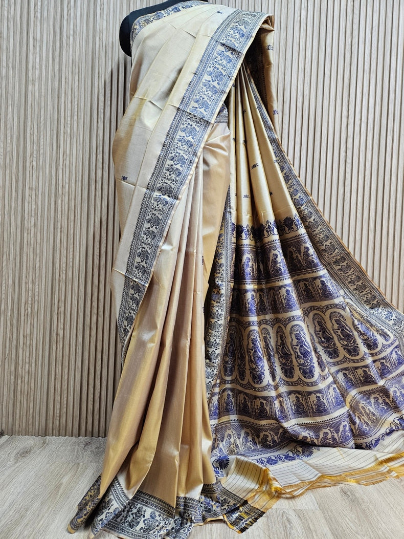 Beige & Brown Handloom Pure Katan Silk Baluchuri Saree Balaram Saha