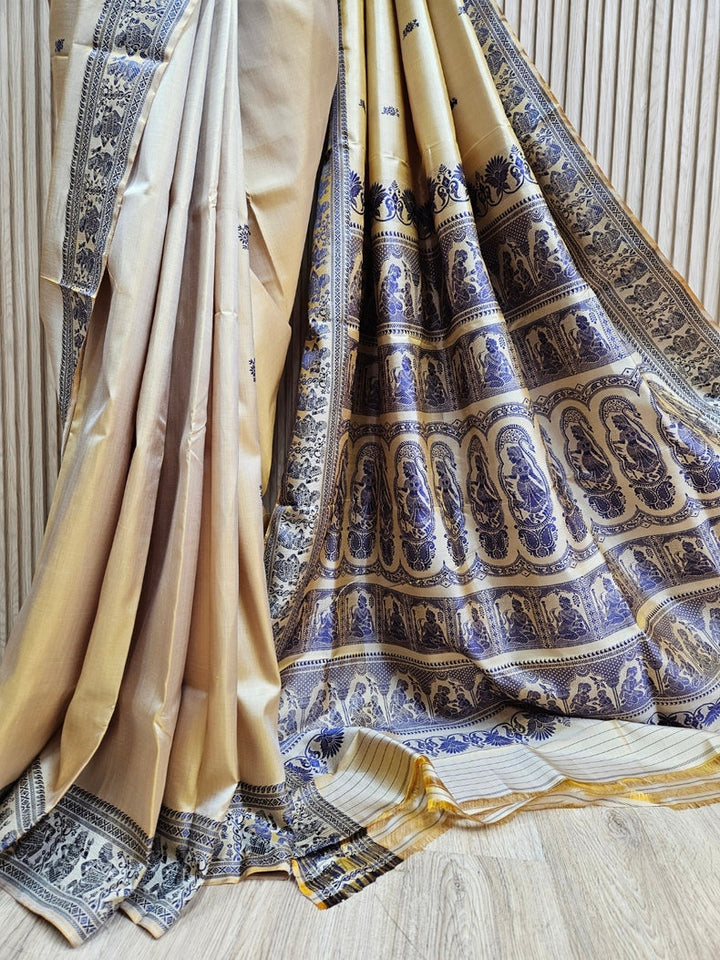 Beige & Brown Handloom Pure Katan Silk Baluchuri Saree Balaram Saha