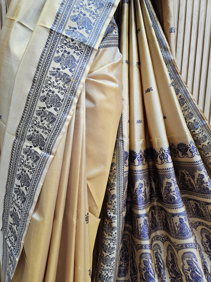 Beige & Brown Handloom Pure Katan Silk Baluchuri Saree Balaram Saha