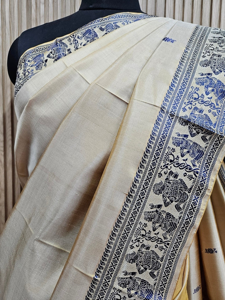Beige & Brown Handloom Pure Katan Silk Baluchuri Saree Balaram Saha