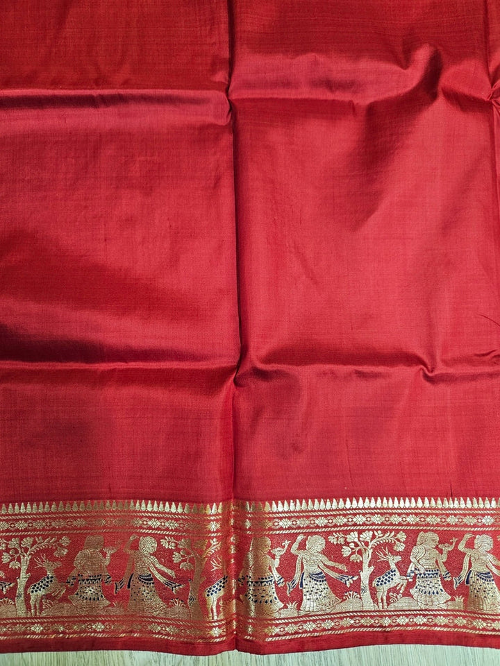 Reddish Maroon & Gold Zari Handloom Pure Katan Silk Baluchuri Saree Balaram Saha
