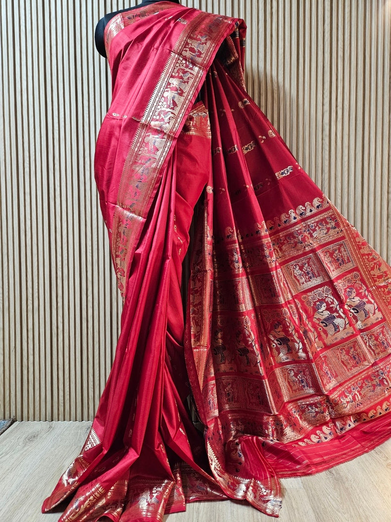 Reddish Maroon & Gold Zari Handloom Pure Katan Silk Baluchuri Saree Balaram Saha