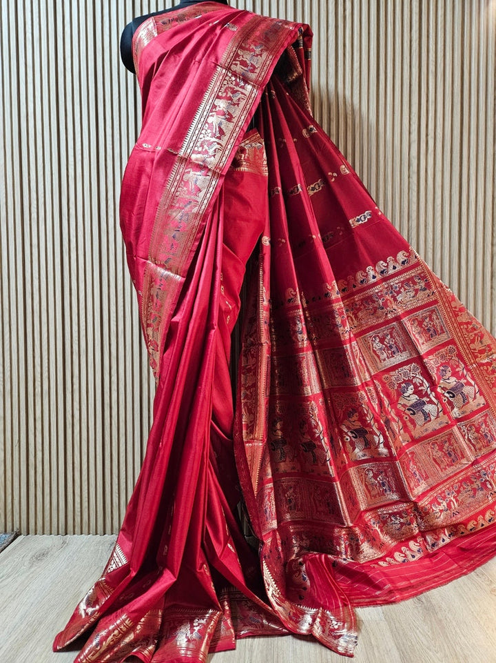 Reddish Maroon & Gold Zari Handloom Pure Katan Silk Baluchuri Saree Balaram Saha