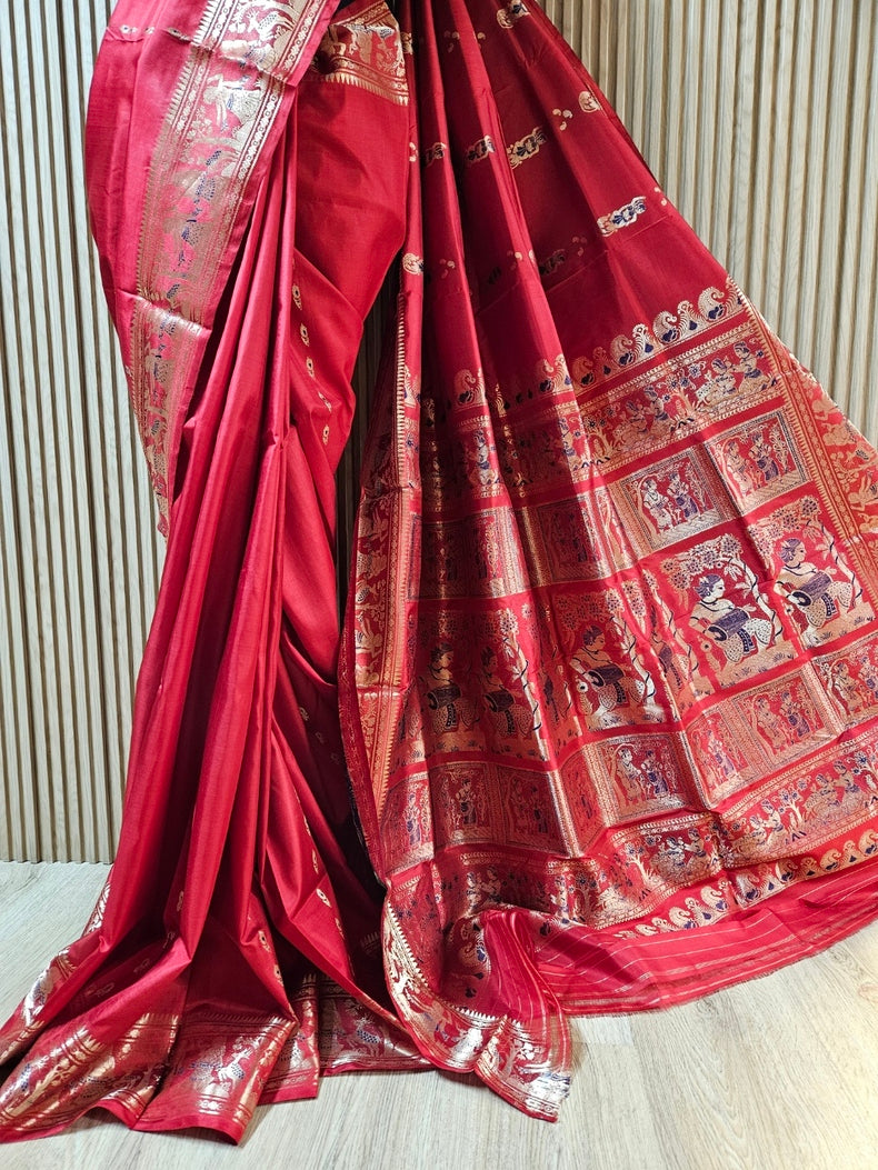 Reddish Maroon & Gold Zari Handloom Pure Katan Silk Baluchuri Saree Balaram Saha