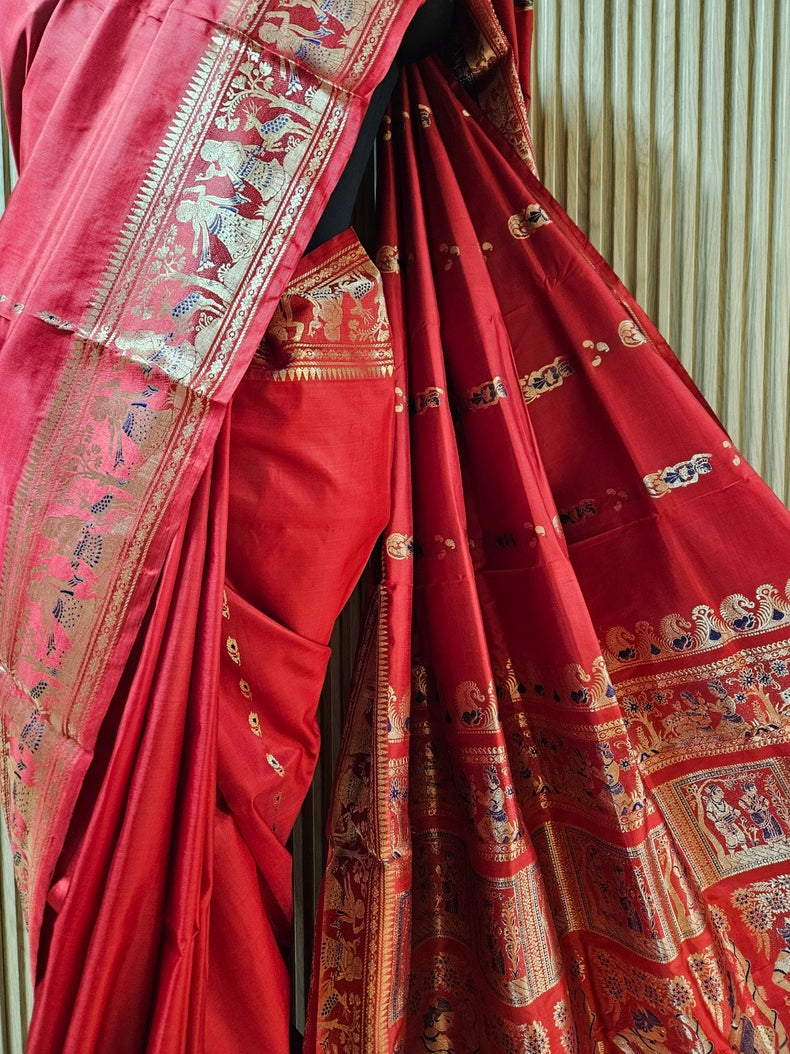 Reddish Maroon & Gold Zari Handloom Pure Katan Silk Baluchuri Saree Balaram Saha