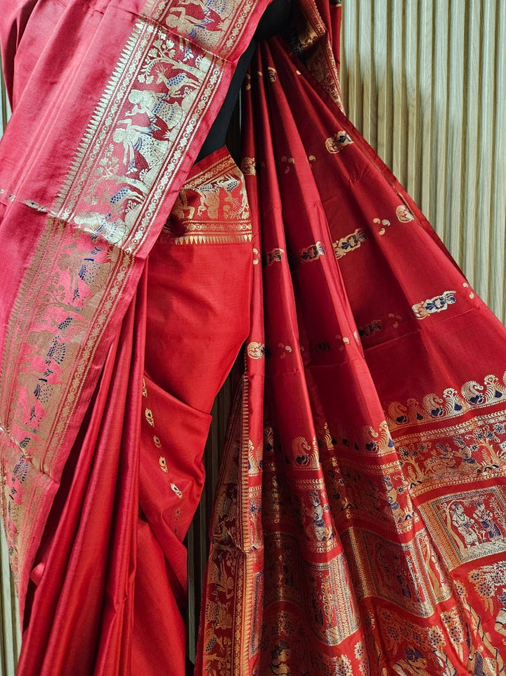 Reddish Maroon & Gold Zari Handloom Pure Katan Silk Baluchuri Saree Balaram Saha