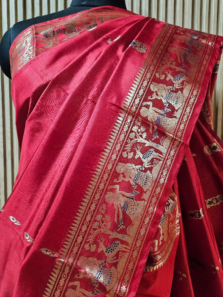 Reddish Maroon & Gold Zari Handloom Pure Katan Silk Baluchuri Saree Balaram Saha
