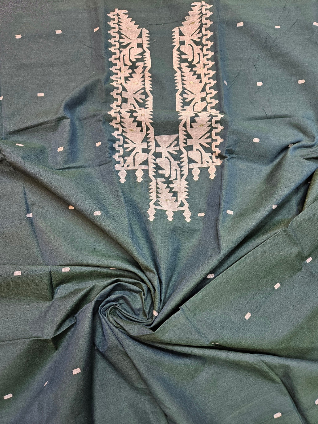 Unstitched Cotton Jamdani Kurta in Teal Green and White: A Unisex Classic by Balaram Saha Balaram Saha