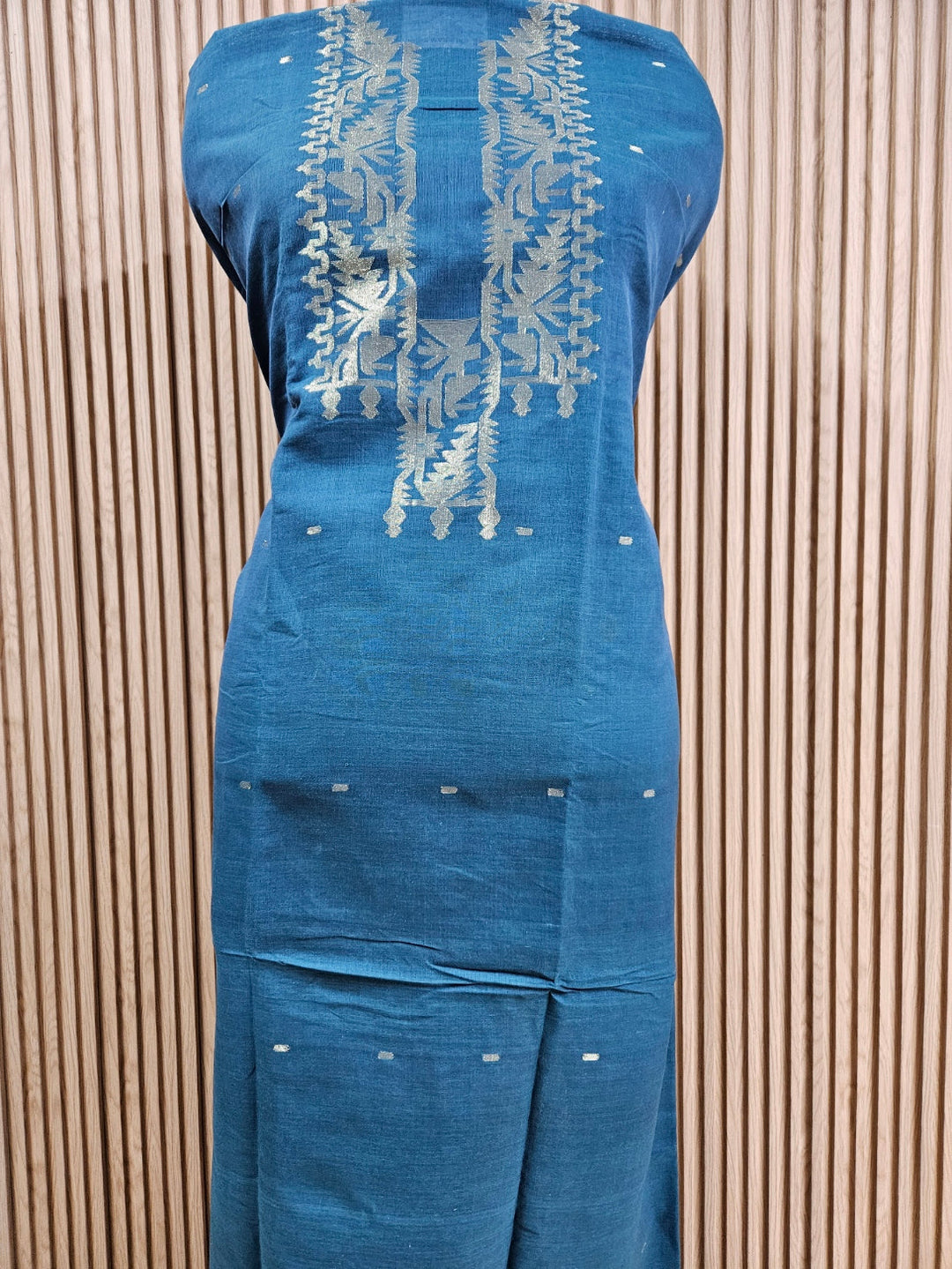 Unstitched Cotton Jamdani Kurta in Teal Blue and Gold: A Unisex Classic by Balaram Saha Balaram Saha