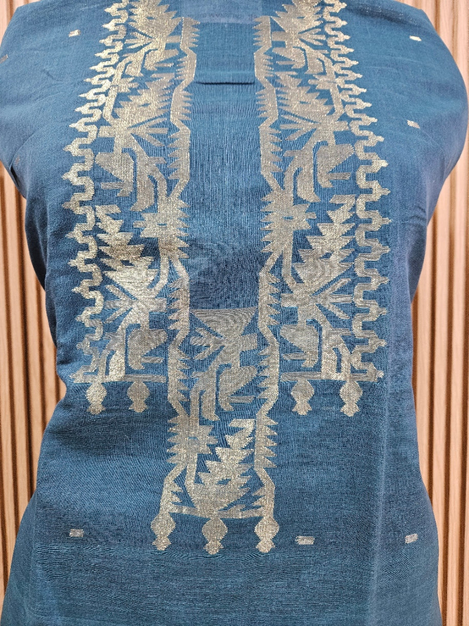 Unstitched Cotton Jamdani Kurta in Teal Blue and Gold: A Unisex Classic by Balaram Saha Balaram Saha