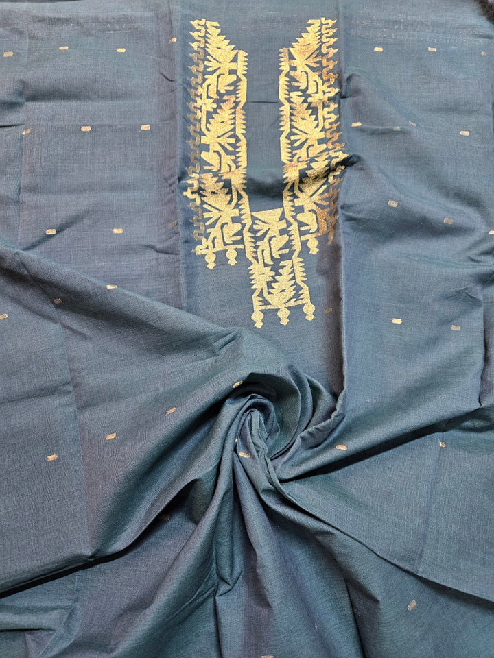 Unstitched Cotton Jamdani Kurta in Teal Blue and Gold: A Unisex Classic by Balaram Saha Balaram Saha