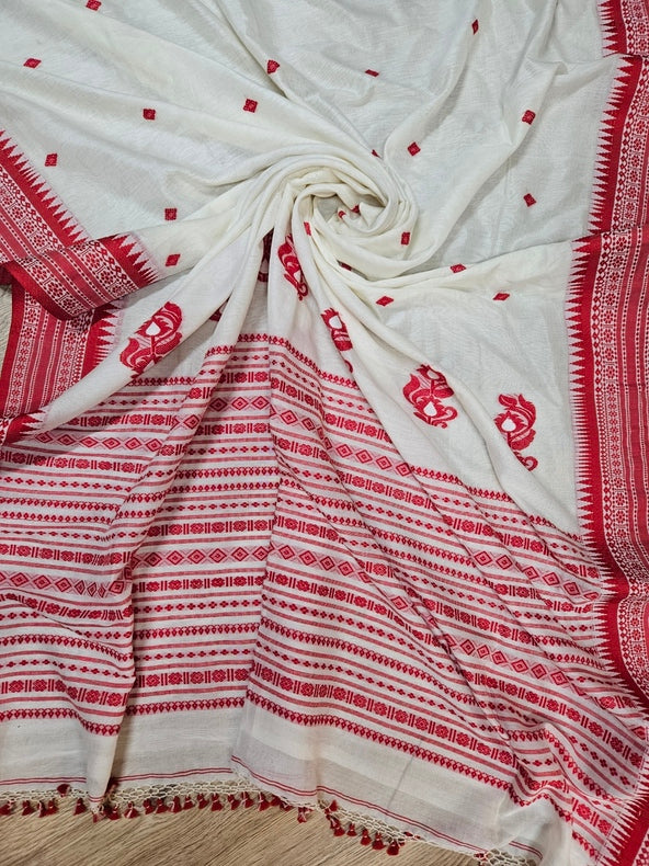Off-White & Red Soft Handloom Cotton Saree With Woven Border Balaram Saha