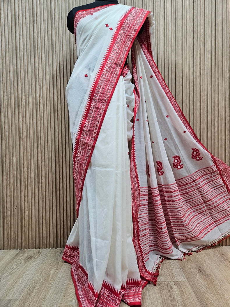 Off-White & Red Soft Handloom Cotton Saree With Woven Border Balaram Saha