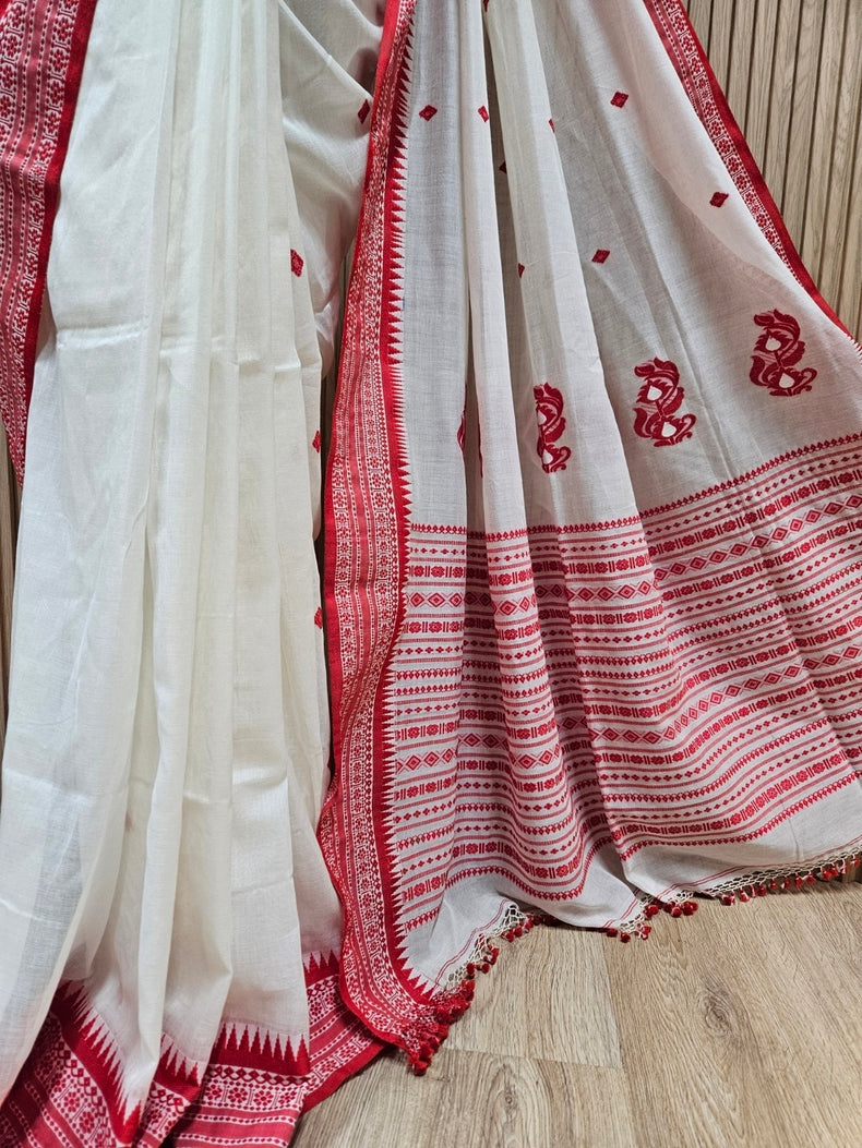Off-White & Red Soft Handloom Cotton Saree With Woven Border Balaram Saha