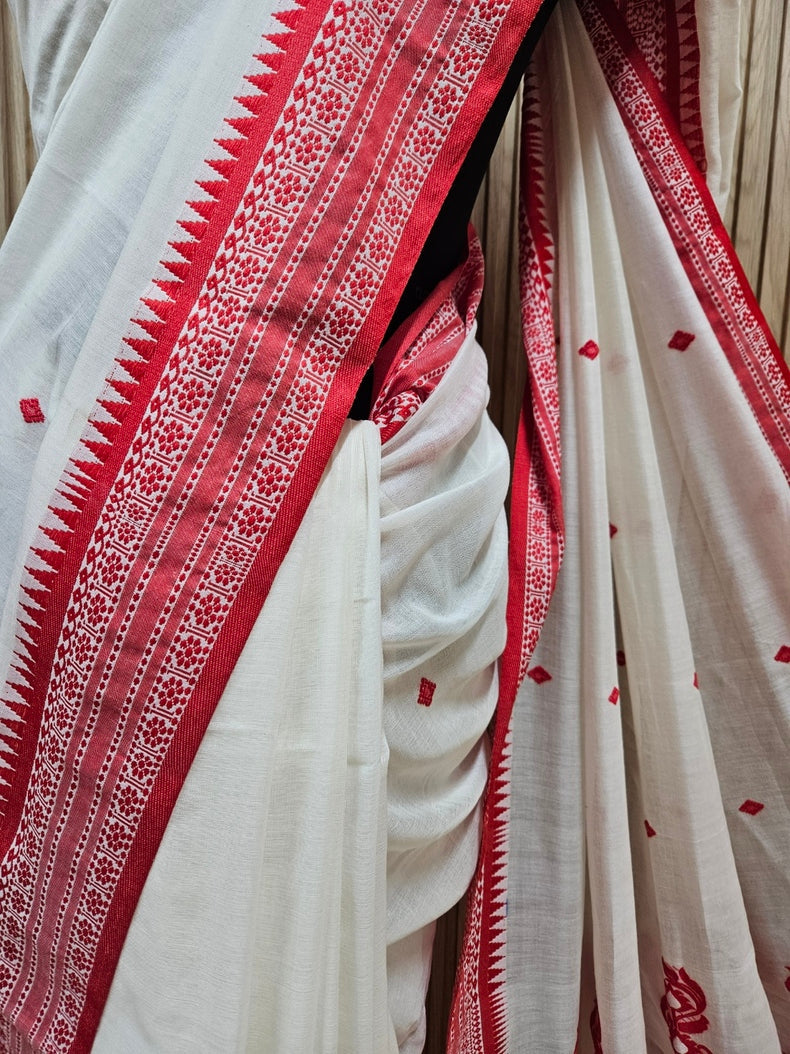 Off-White & Red Soft Handloom Cotton Saree With Woven Border Balaram Saha