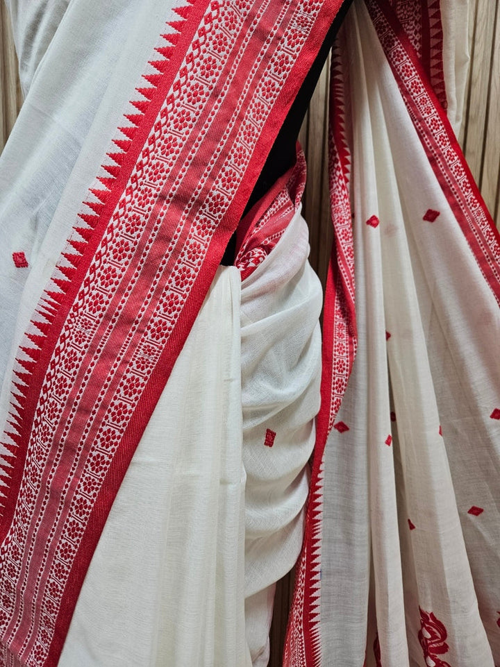 Off-White & Red Soft Handloom Cotton Saree With Woven Border Balaram Saha