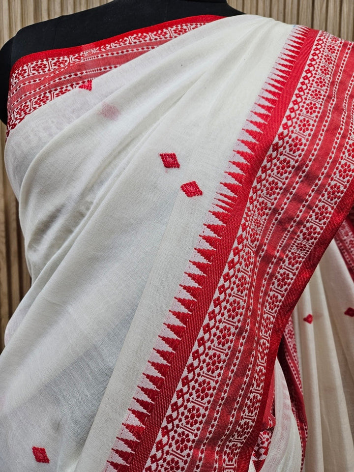 Off-White & Red Soft Handloom Cotton Saree With Woven Border Balaram Saha