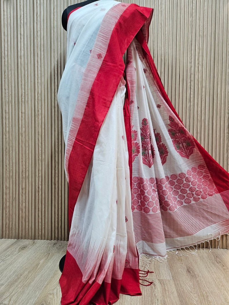 Off-White & Red Fine Handloom Cotton Saree With Red Contrast Border Balaram Saha