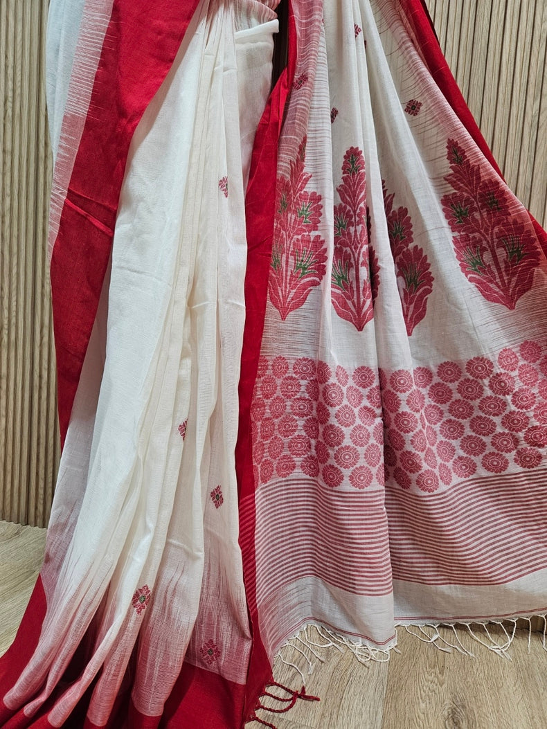 Off-White & Red Fine Handloom Cotton Saree With Red Contrast Border Balaram Saha