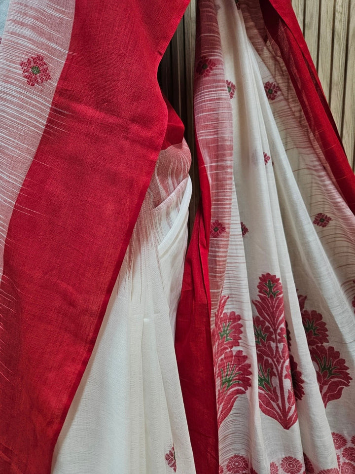 Off-White & Red Fine Handloom Cotton Saree With Red Contrast Border Balaram Saha
