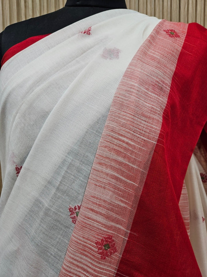 Off-White & Red Fine Handloom Cotton Saree With Red Contrast Border Balaram Saha