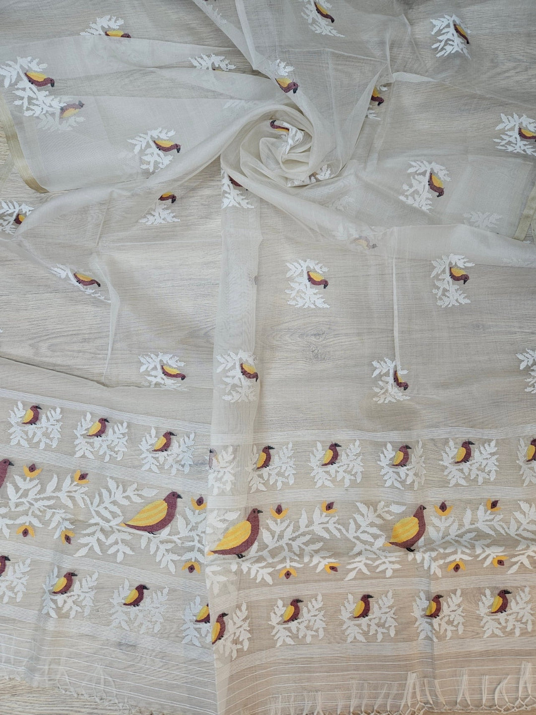 Off-White Handwoven Muslin Silk Jamdani Saree with Multicolor Bird Motifs Balaram Saha