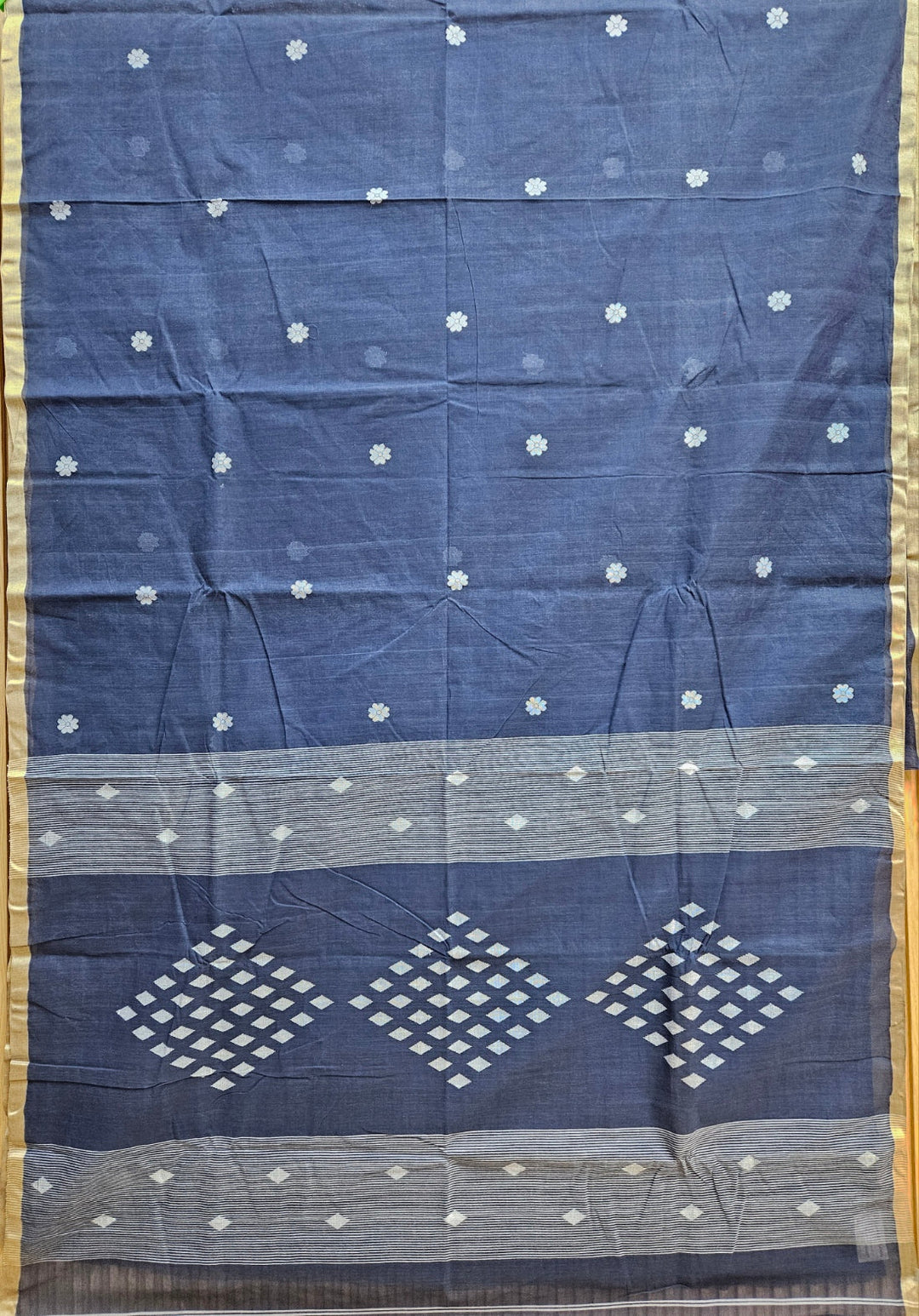 Blue & White Handloom Handwoven Cotton Jamdani saree Balaram Saha