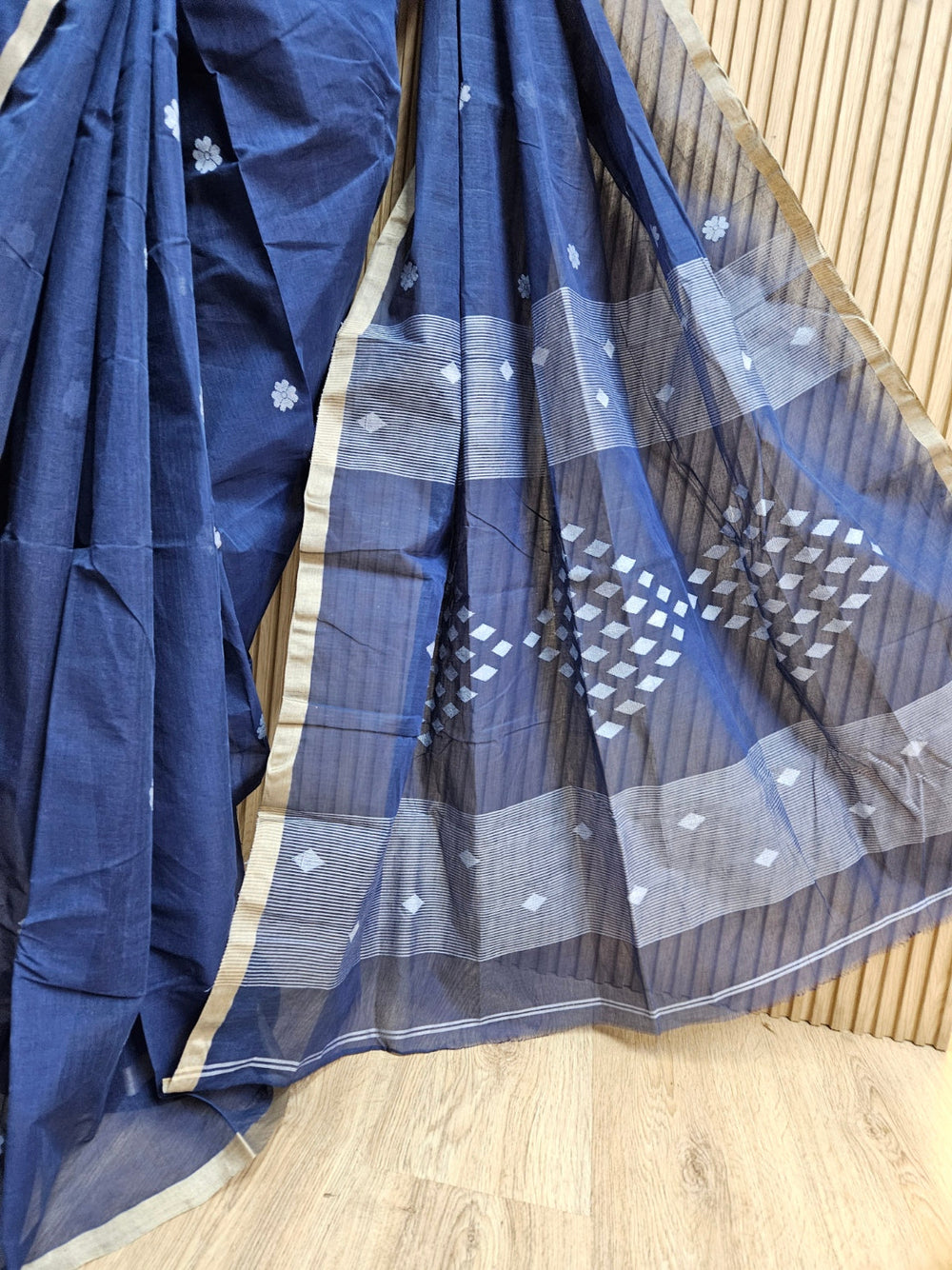 Blue & White Handloom Handwoven Cotton Jamdani saree Balaram Saha