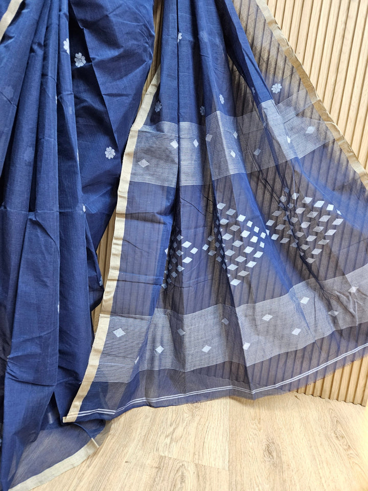 Blue & White Handloom Handwoven Cotton Jamdani saree Balaram Saha