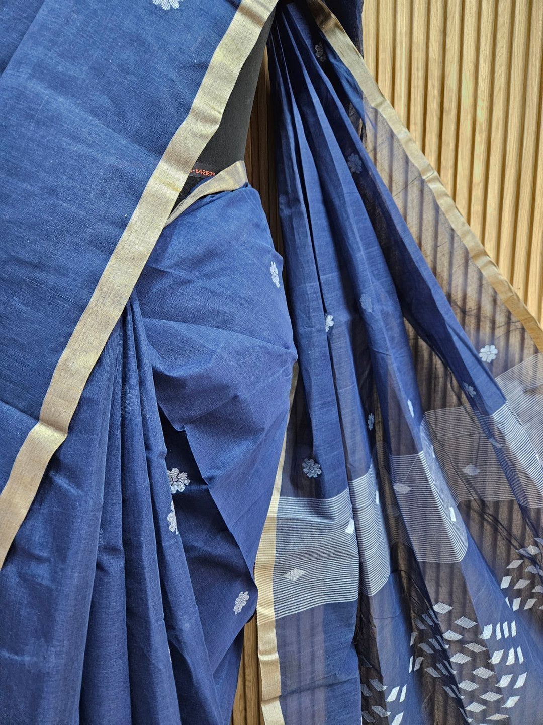 Blue & White Handloom Handwoven Cotton Jamdani saree Balaram Saha