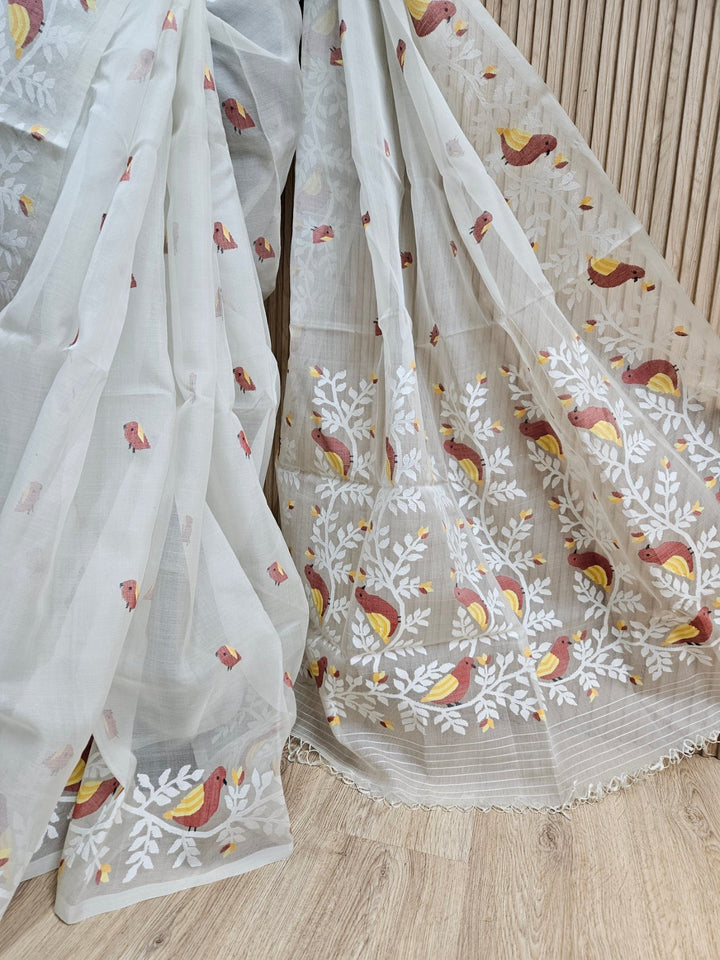 Handwoven Muslin Silk Jamdani Saree – Elegant Off-White with Bird Motifs Balaram Saha