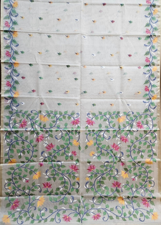 Off-White & Multicolor Handwoven Muslin Silk Jamdani Saree Balaram Saha